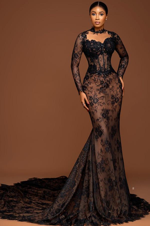 Charming Black Trumpet Wedding Gown Floral Lace with Long Sleeves-newarrivaldress