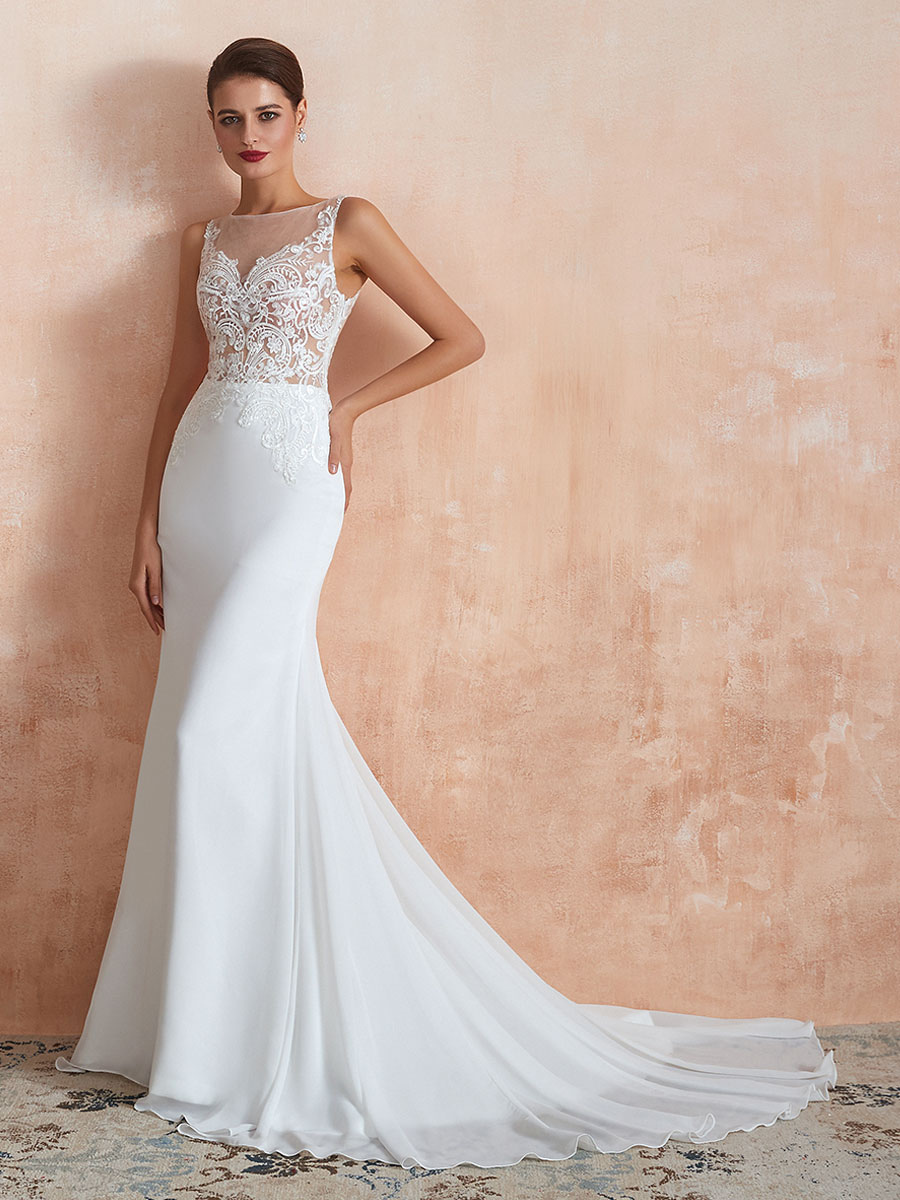 Wedding Dress Mermaid Sleeveless Lace Appliqued Beach Bridal Gowns with Train