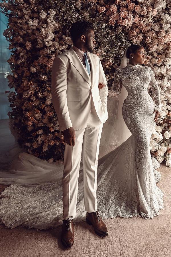 Glamorous White High Neck Floral Lace Mermaid Wedding Dresses with Sleeves-newarrivaldress