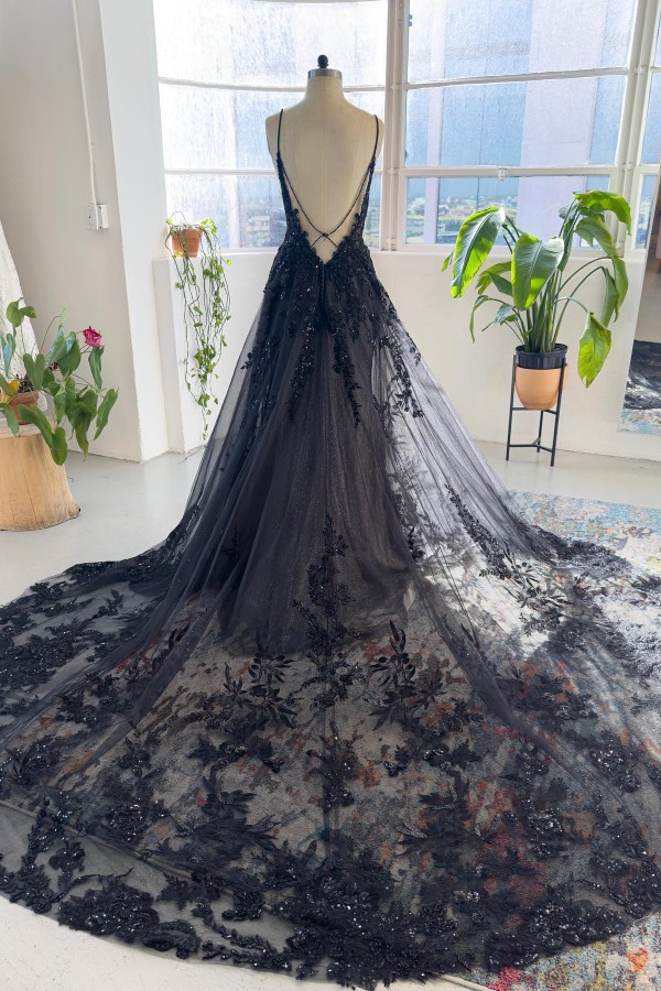 Elegant Deep V-neck Lace A-line Evening Dress Tulle Prom Dress with Spaghetti Straps-newarrivaldress