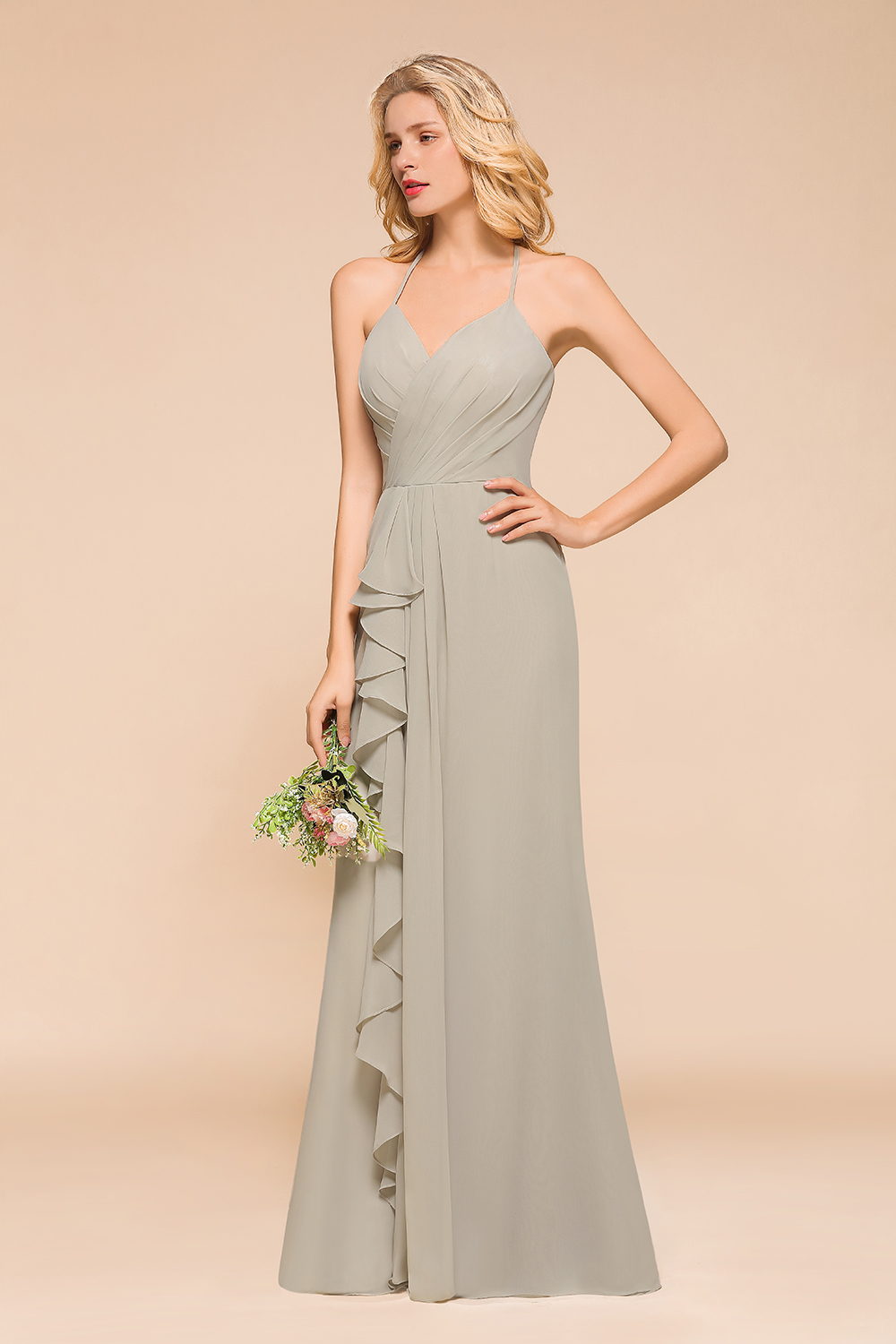 Elegant Halter Ruched Chiffon Bridesmaid Dresses V-neck Floor Lenth Formal Dress-newarrivaldress