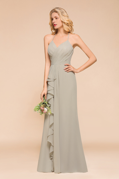 Elegant Halter Ruched Chiffon Bridesmaid Dresses V-neck Floor Lenth Formal Dress-newarrivaldress