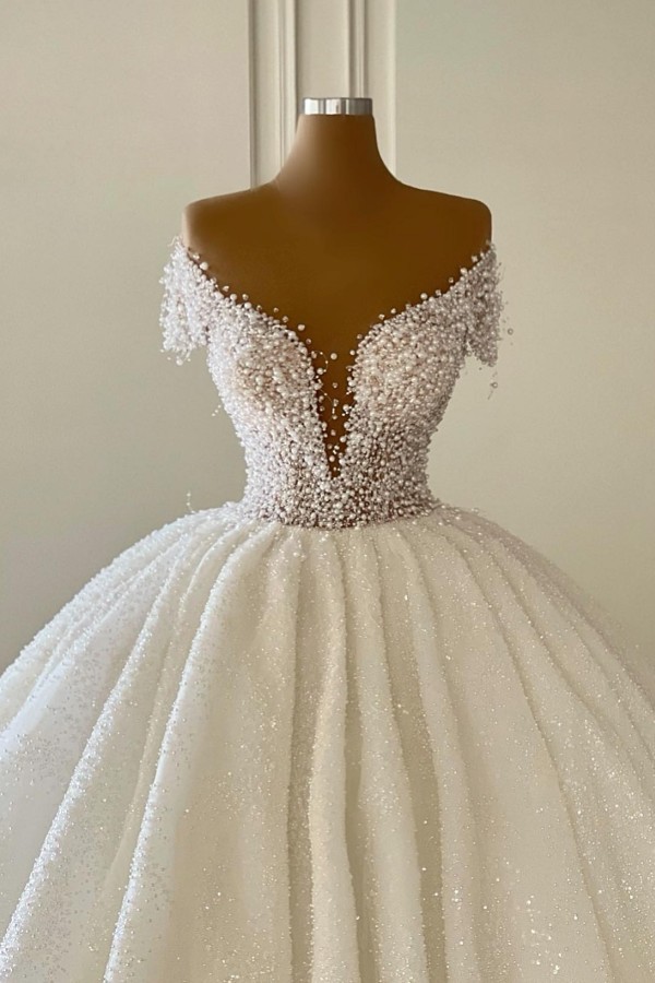 Goegeous Off Shoulder Glitter Sequins Ball Gown Wedding Dress Pearls Beadings Bridal Gown-newarrivaldress
