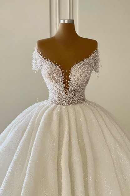 Goegeous Off Shoulder Glitter Sequins Ball Gown Wedding Dress Pearls Beadings Bridal Gown-newarrivaldress
