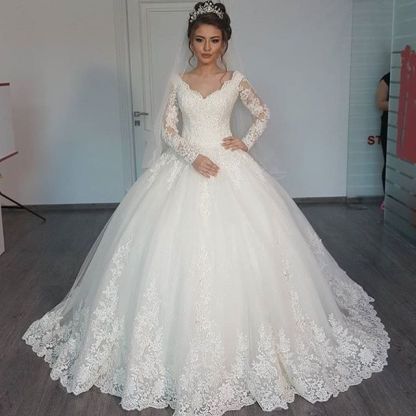 Long Sleeve Tulle V-Neck Elegant Vintage Lace Ball Gown Wedding Dresses Online-newarrivaldress