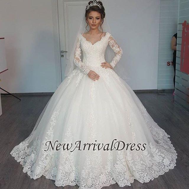 Long Sleeve Tulle V-Neck Elegant Vintage Lace Ball Gown Wedding Dresses Online-newarrivaldress