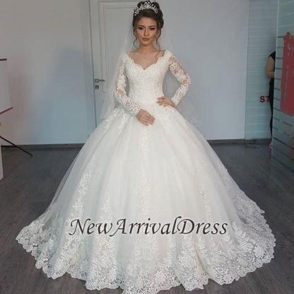 Long Sleeve Tulle V-Neck Elegant Vintage Lace Ball Gown Wedding Dresses Online-newarrivaldress