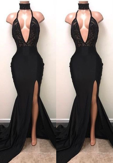 Black High Neck Lace Front Split Mermaid Prom Dresses BA8440-newarrivaldress