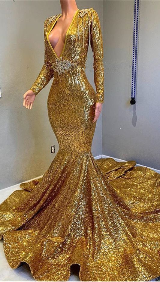 Gorgeous Mermaid Sequins Long Sleeve Floor Length Long Prom Dresses-newarrivaldress