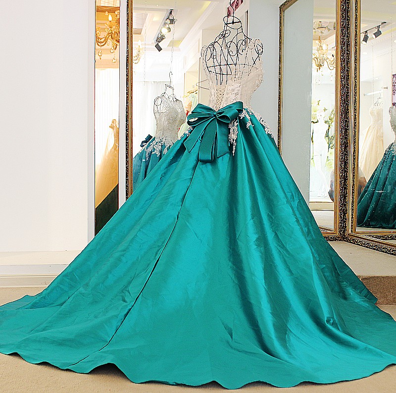 Bow Sleeveless Lace Court Train Applique Ball Gown Prom Dresses-newarrivaldress