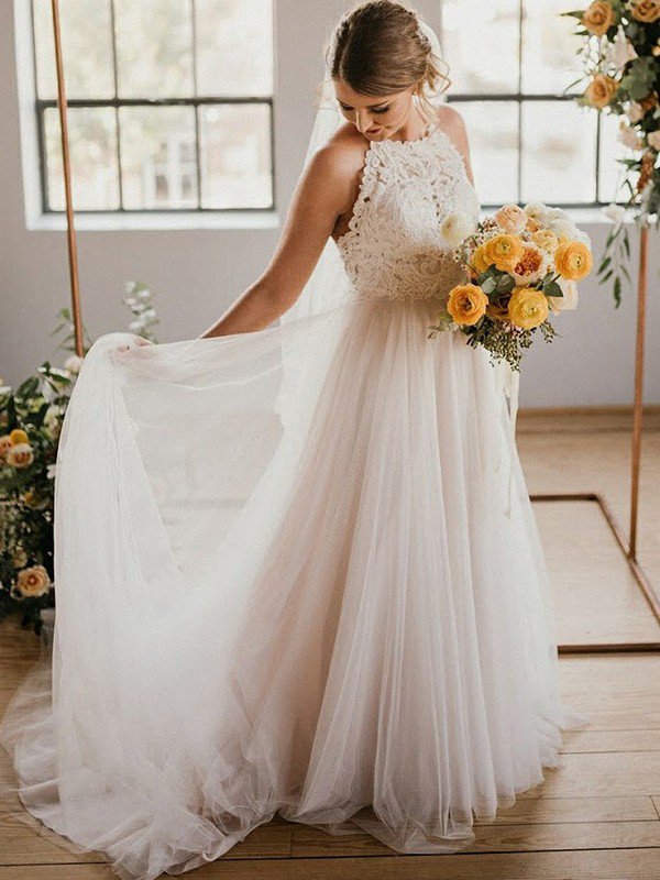 Sexy Lace Sleeveless Tulle Floor Length Bridal Gowns | Sexy Halter Wedding Dresses Online-newarrivaldress