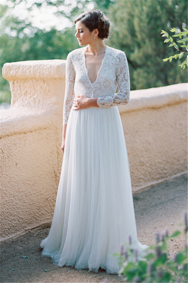 V-Neck Lace Long Sleeve Vintage Bridal Gown Latest Floor Length Custom Made Wedding Dress-newarrivaldress