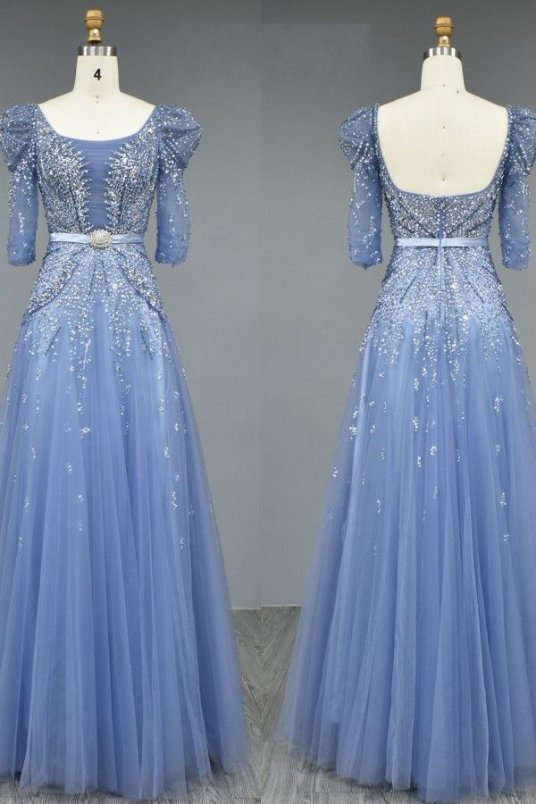 Gorgeous Puffy Half Sleeves Tulle Crystals Pricess Long Evening Dress-newarrivaldress