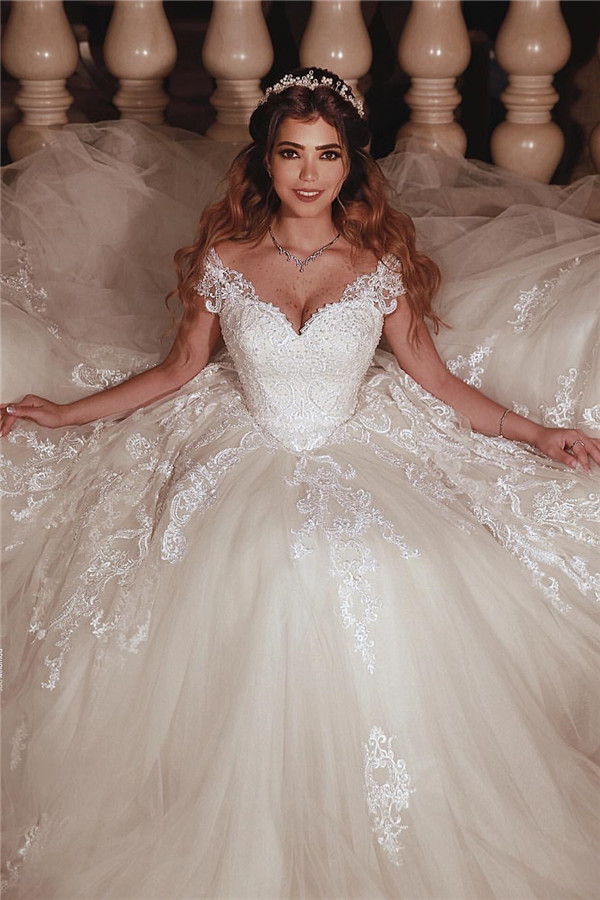Tulle Lace Cap Sleeves Sweetheart Ball Gowns Wedding Dresses-newarrivaldress