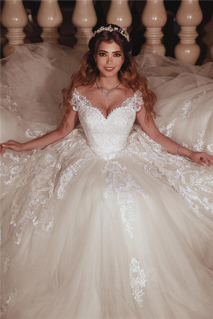 Tulle Lace Cap Sleeves Sweetheart Ball Gowns Wedding Dresses-newarrivaldress