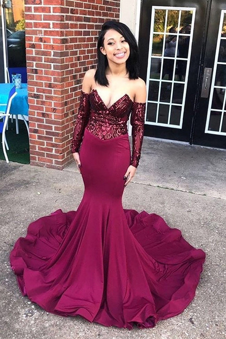 Sexy Off the Shoulder Appliques Prom Dress | Chic V Neck Long Sleeves Prom Gown-newarrivaldress