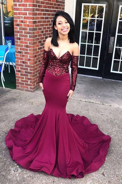 Sexy Off the Shoulder Appliques Prom Dress | Chic V Neck Long Sleeves Prom Gown-newarrivaldress