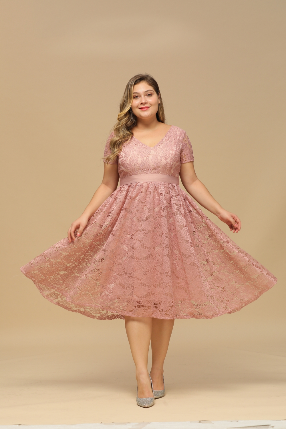 Burgundy Short Sleeves Flower Lace V-neck Dresses with Sash-newarrivaldress