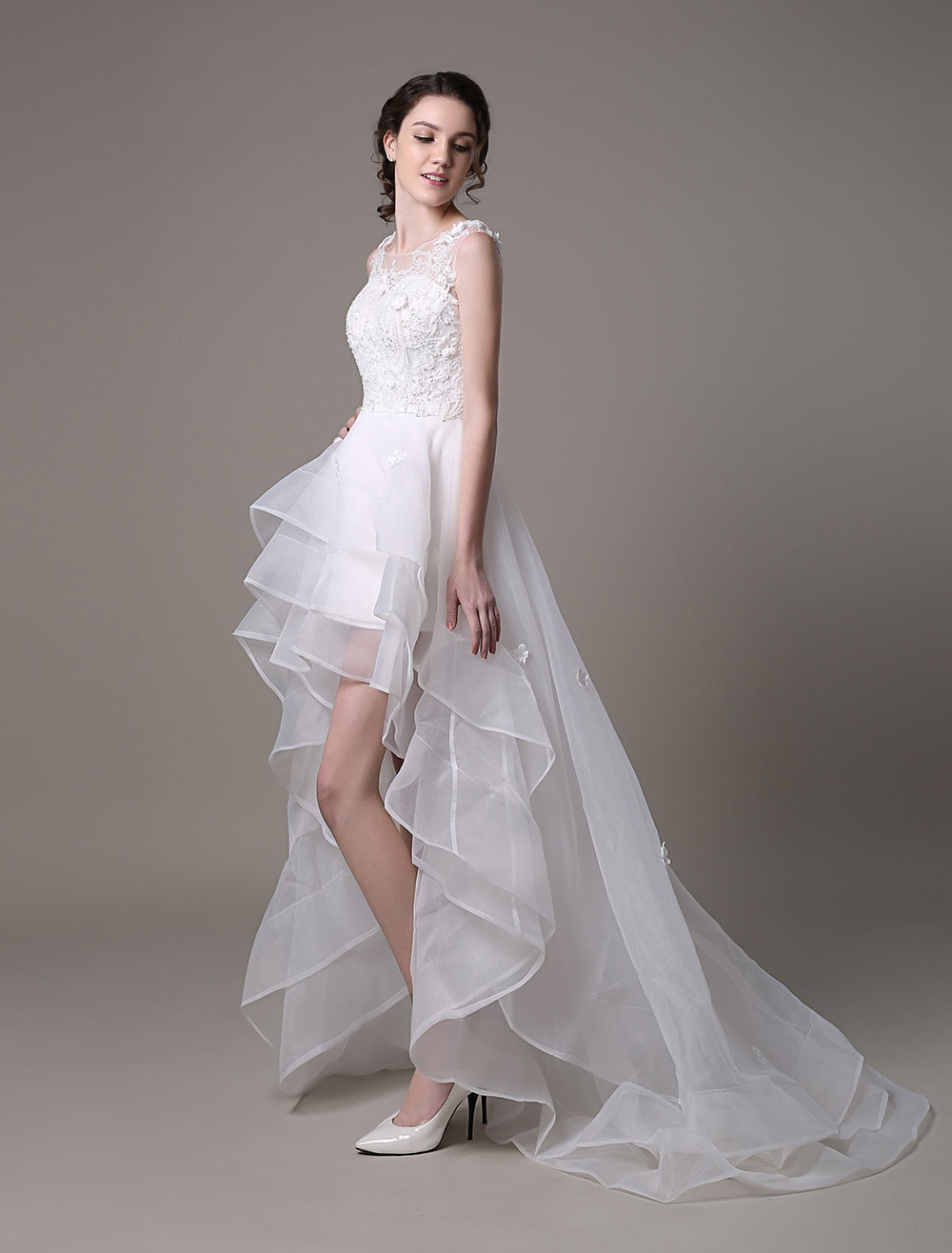 Asymmetrical Organza Wedding Dress High Low A-Line With Lace Beading Flower Exclusive-newarrivaldress