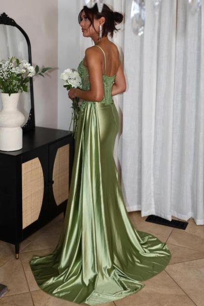 Charming Sweetheart Ruched Satin Side Slit Prom Dress Crystals Spaghetti Straps Long Party Dress-newarrivaldress