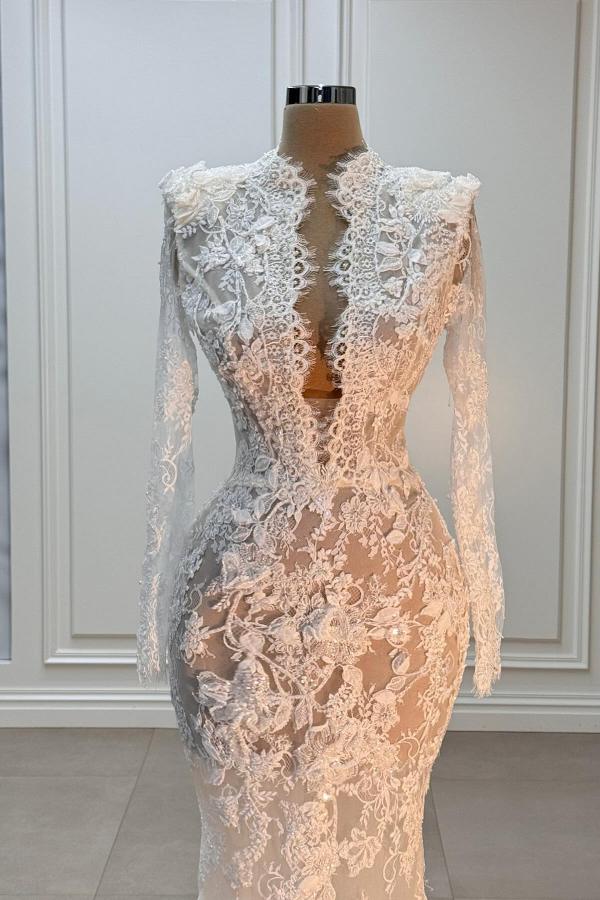 Chic Long Sleeves Lace Mermaid Bridal Gown Deep V-neck Wedding Dresses-newarrivaldress