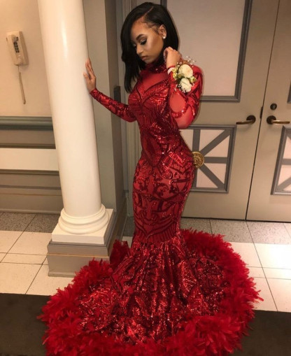Long Sleeve Mermaid Red Prom Dresses | Sequins Appliques Feather Formal Dress BC1327-newarrivaldress
