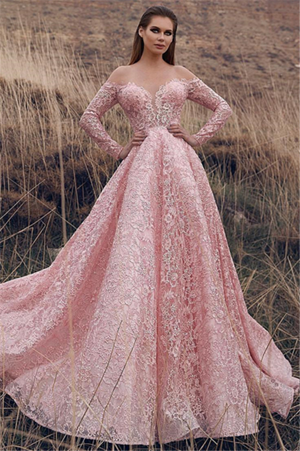 Pink Off-The-Shoulder Long-Sleeves Lace Applique Princess Prom Dresses-newarrivaldress