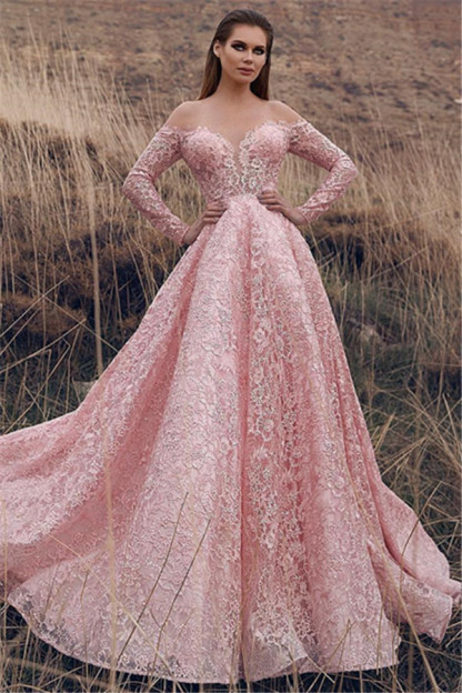 Pink Off-The-Shoulder Long-Sleeves Lace Applique Princess Prom Dresses-newarrivaldress