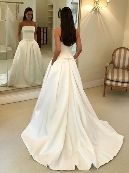 Vintage Wedding Dresses 2021 Satin Strapless A Line Floor Length Classic Bridal Gown With Train-newarrivaldress