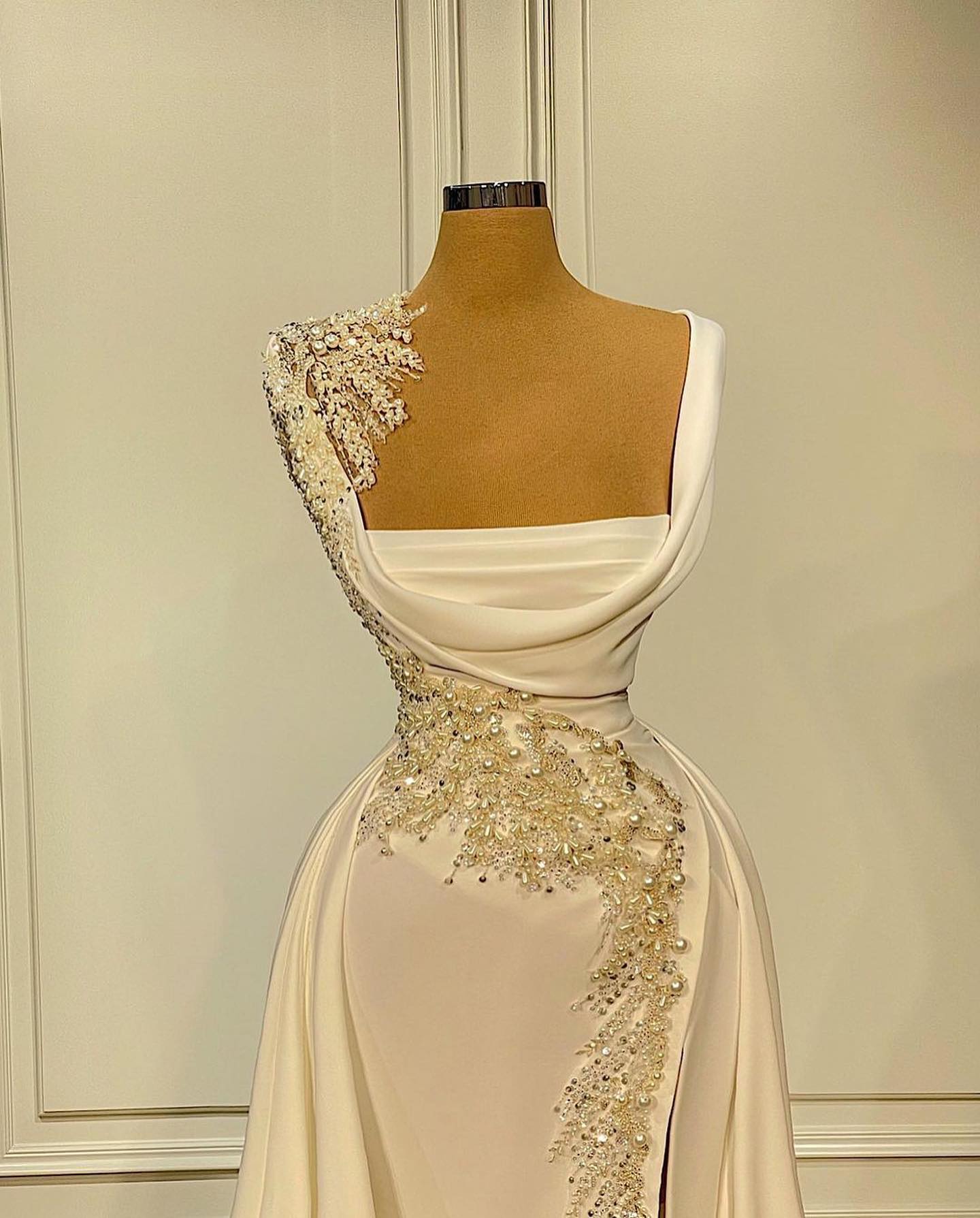 Square neck Pearls Crystals Satin Long Evening Dress Elegant Mermaid Prom Dress with Detachable Train-newarrivaldress
