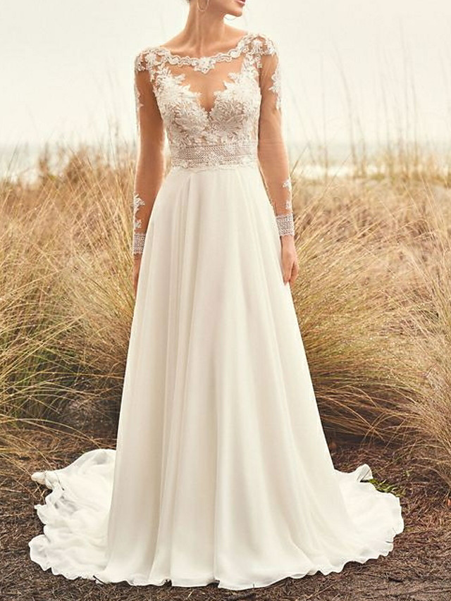 Lace Aline Wedding Dress Long Sleeves Chiffon Boho Bridal Dress-newarrivaldress