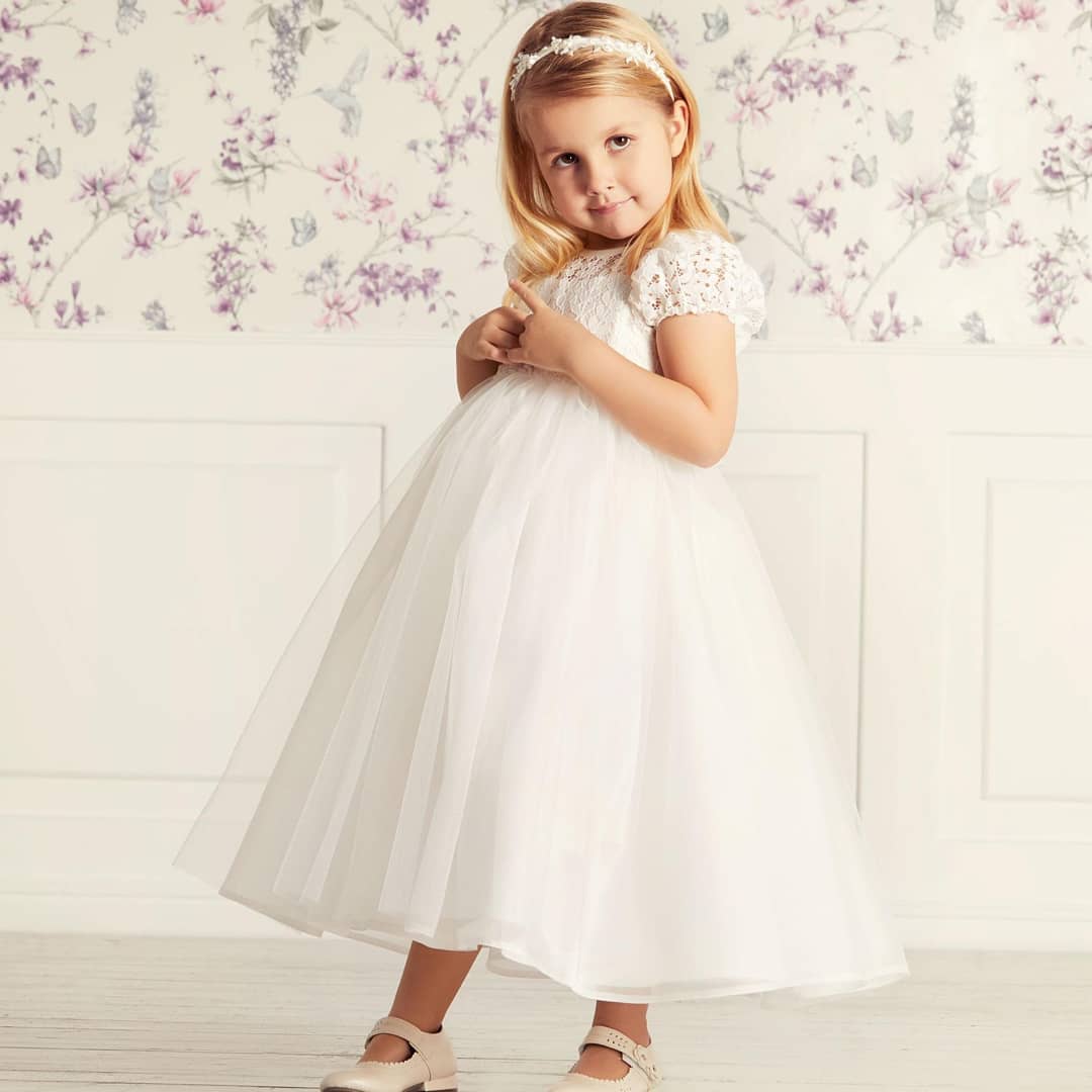 Cute Jewel Puffy Sleeves A-line Lace Tulle White Flower Girl Dresses with Belt-newarrivaldress