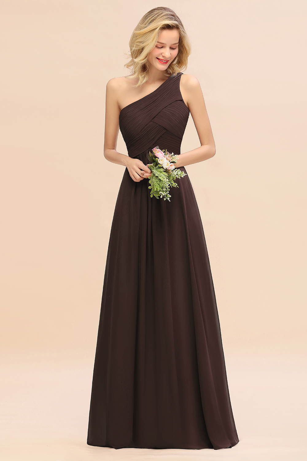 Elegant Ruched Chiffon One Shoulder Bridesmaid Dress Long Sleeveless Evening Dress-newarrivaldress