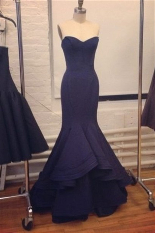 Dark Navy Mermaid Long Prom Dresses Sweetheart Ruffles Satin Evening Gowns-newarrivaldress