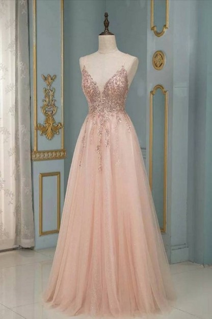 Elegant Tulle A-line Evening Dress with Lace Appliques V-Neck Sequins Formal Dress-newarrivaldress