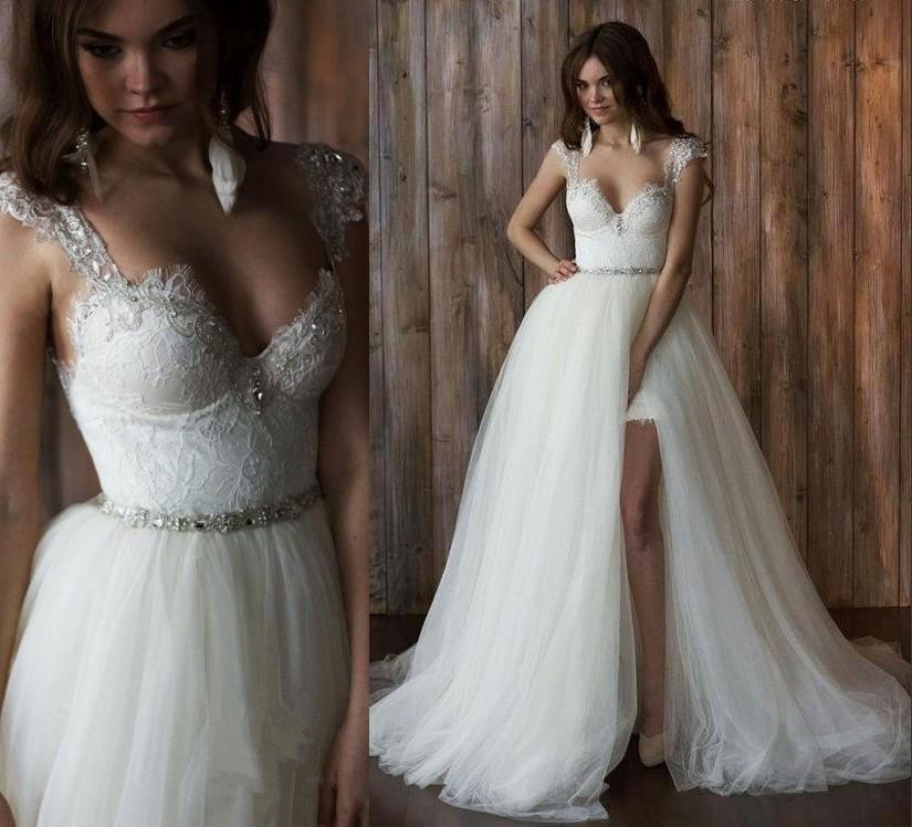 Cap Sleeve Sexy V-neck Crystals Detachable Tulle Overskirt Wedding Dresses-newarrivaldress