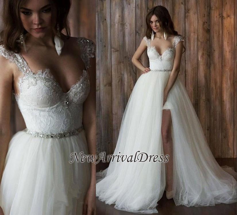 Cap Sleeve Sexy V-neck Crystals Detachable Tulle Overskirt Wedding Dresses-newarrivaldress