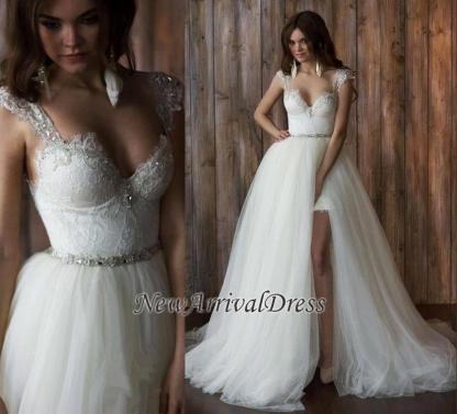 Cap Sleeve Sexy V-neck Crystals Detachable Tulle Overskirt Wedding Dresses-newarrivaldress