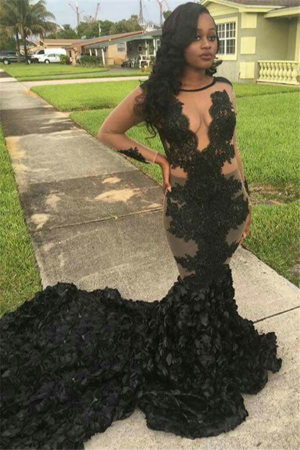 Appliques Mermaid Lace Sexy Long-Train Gorgeous Sheer Sleeves Black Prom Dress-newarrivaldress