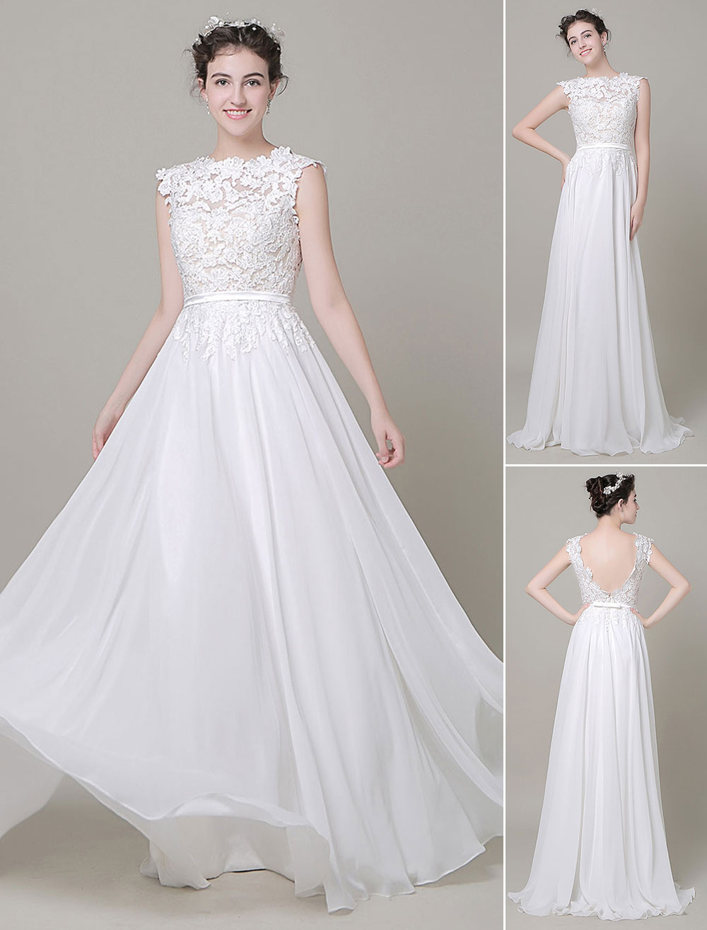 Chiffon Wedding Dress Bateau Lace Satin Sash Floor Length A Line Summer Bridal Dress-newarrivaldress