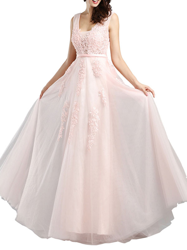 Prom Dress V Neck A Line Sleeveless Floor Length Lace Applique Party Dresses-newarrivaldress