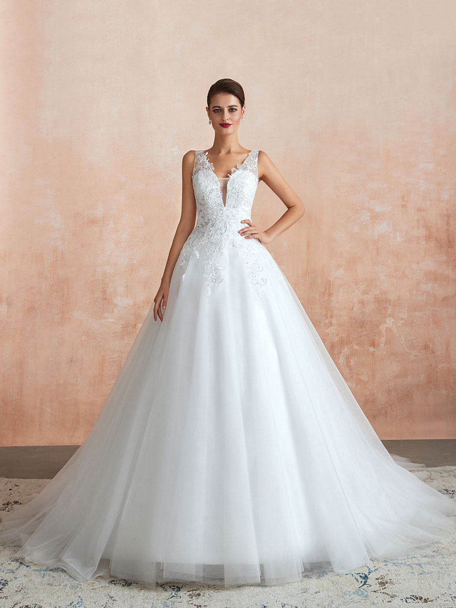 Wedding Dress 2021 V Neck Princess Sleeveless Floor Length Tulle Bridal Gown With Train-newarrivaldress