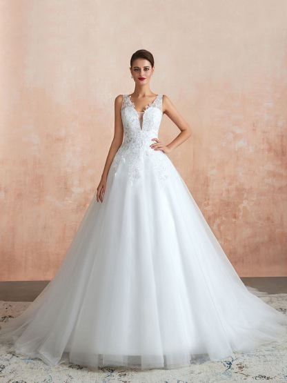 Wedding Dress 2021 V Neck Princess Sleeveless Floor Length Tulle Bridal Gown With Train-newarrivaldress