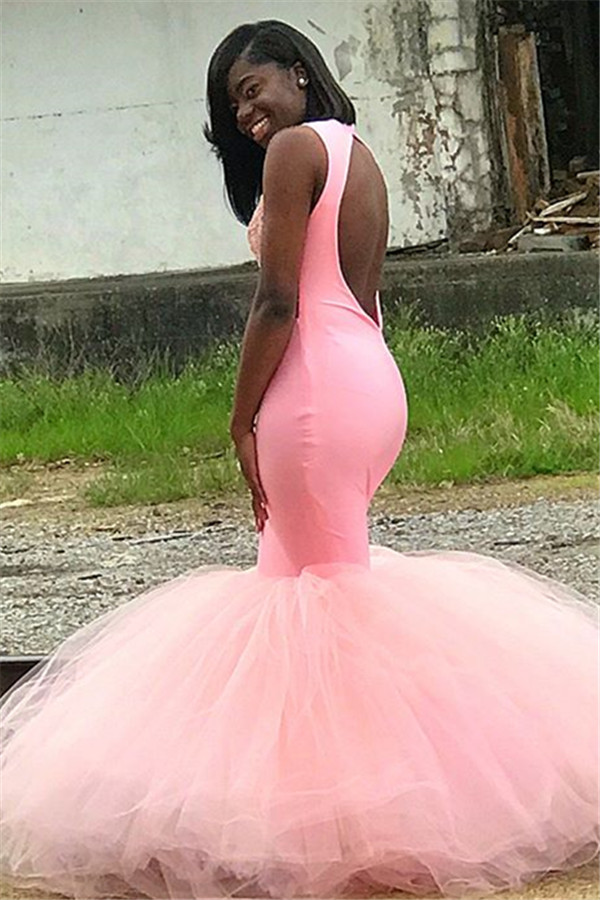 Pink Sleeveless Appliques Backless Tulle Sexy Mermaid Prom Dresses-newarrivaldress