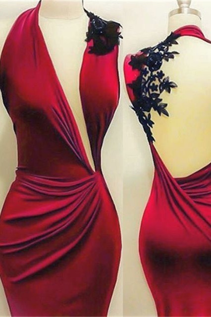 Red Black Lace Appliques Sheath Sleeveless Prom Dresses BA7869-newarrivaldress