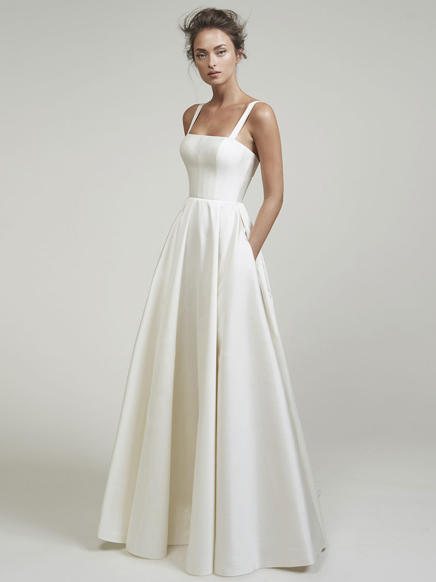 Vintage Wedding Dresses Square Neck Sleeveless Natural Waist Satin Fabric Court Train Sash Bridal Dress-newarrivaldress