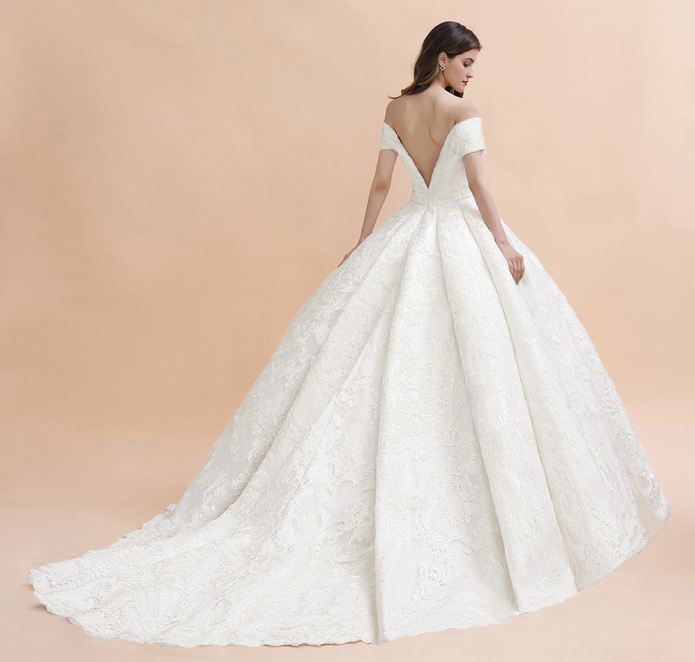Charming Off-the-Shoulder Appliques Ball Gown Backless Sweep Train-newarrivaldress