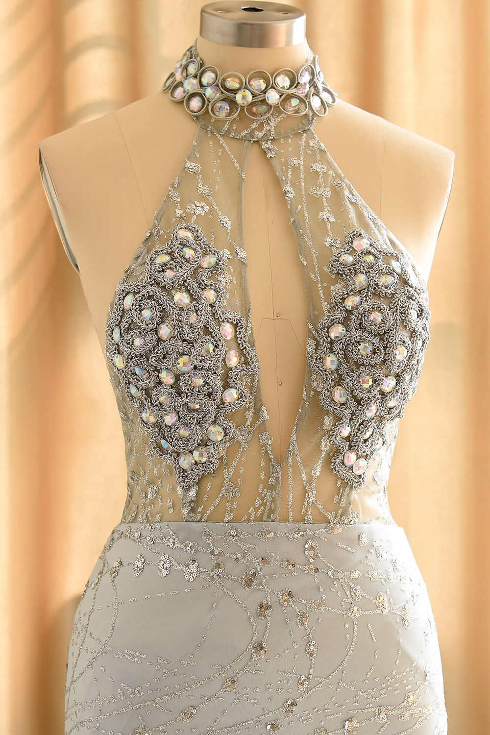 Sexy Beads Sequins Mermaid Prom Dresses Halter Sleeveless Floor Length Party Dress-newarrivaldress