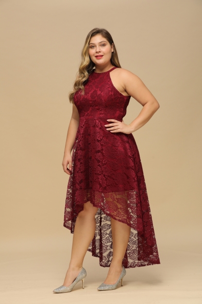 Halter Sleeveless Sheath Asymmetrical Burgundy Lace Dresses-newarrivaldress