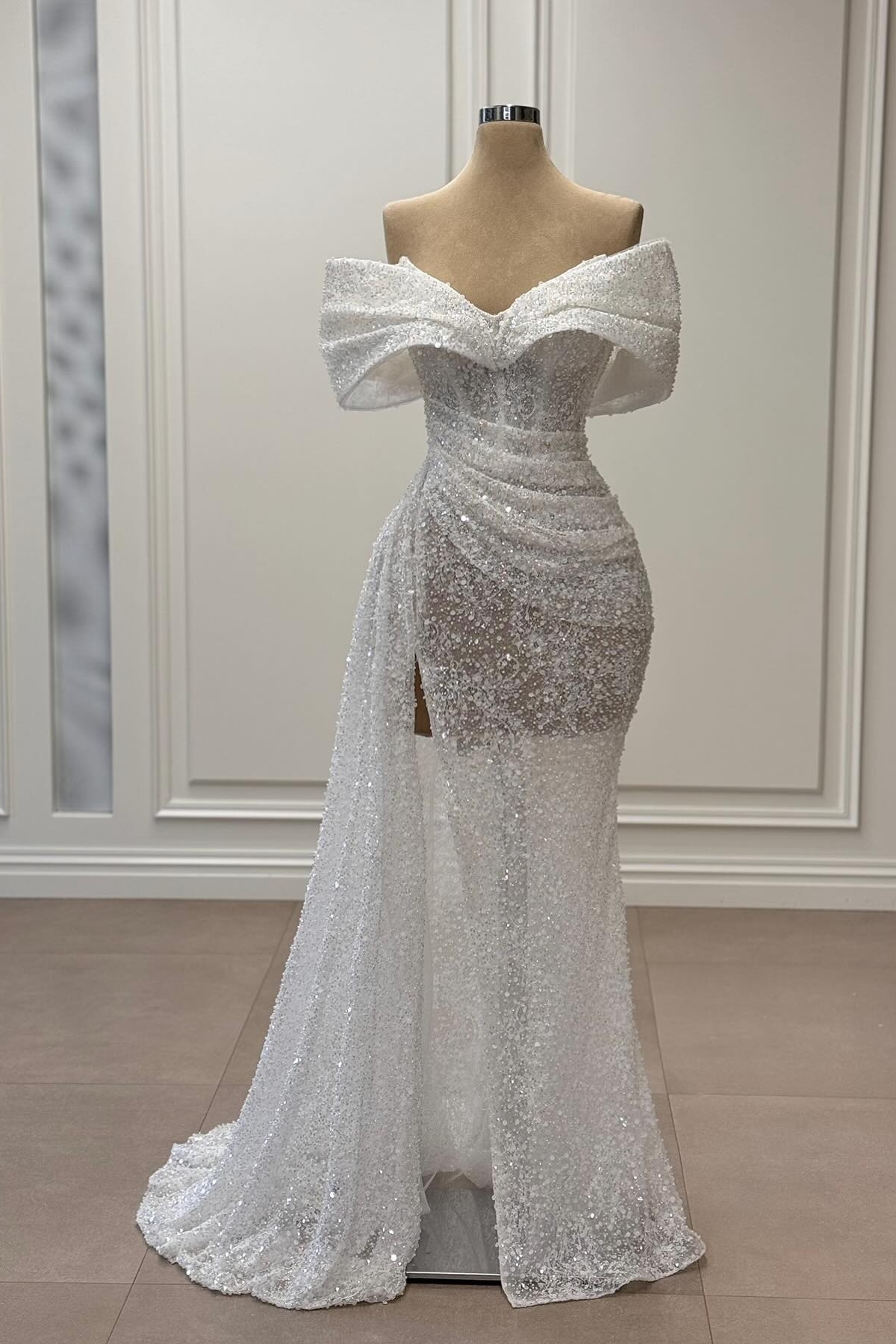 Charming Off Shoulder Glitter Sheath Evening Gown White Sequins Front Split Prom Dress-newarrivaldress